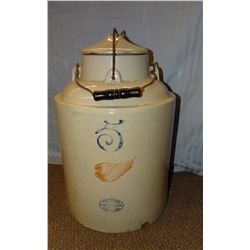 RW 5 gal pickle jar, 4" wing, small chip on lid, chips on baswe