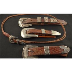 3 sterling silver ranger buckle sets and sterling silver hat band buckle, 1 set marked Crockett