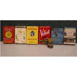 6 tobacco pocket tins, Dial, Rod & Gun, Dill's Best, Velvet, Bond Street, Edgeworth and Navy Scotch 