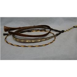 Deer Lodge hitched horse hair quirt, 34" & 3 braided horsehair hat bands