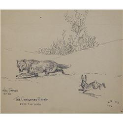 James, Will original pen & ink, The Christmas Spirit, Coyote and Rabbit, signed and dated, 1926, 5" 