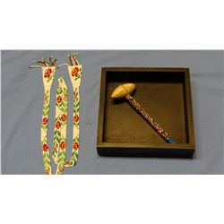 Beaded necklace and beaded small war club, beaded by blind lady