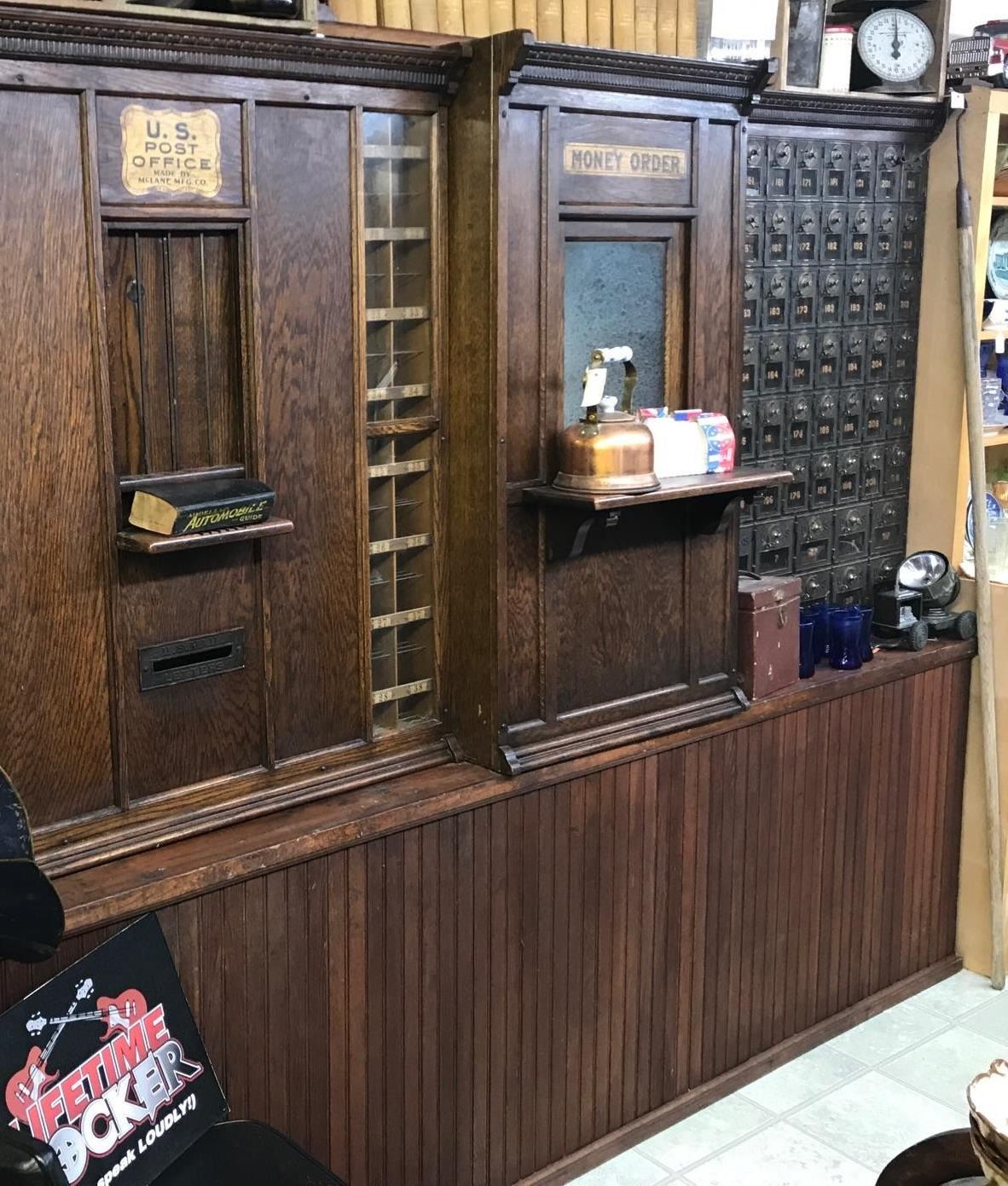 Collins, MT oak post office 2 clerk windows, 70 + mail boxes