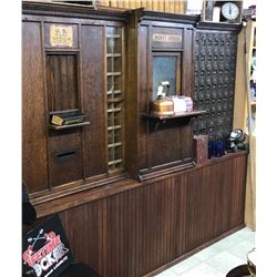 Collins, MT oak post office cabinet, 2 clerk windows, 70 + mail boxes, all original. Collins, an ear