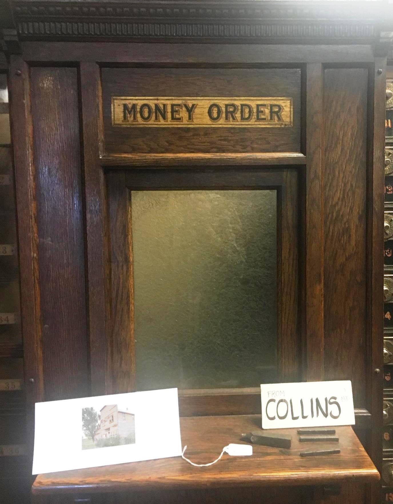Collins, MT oak post office 2 clerk windows, 70 + mail boxes