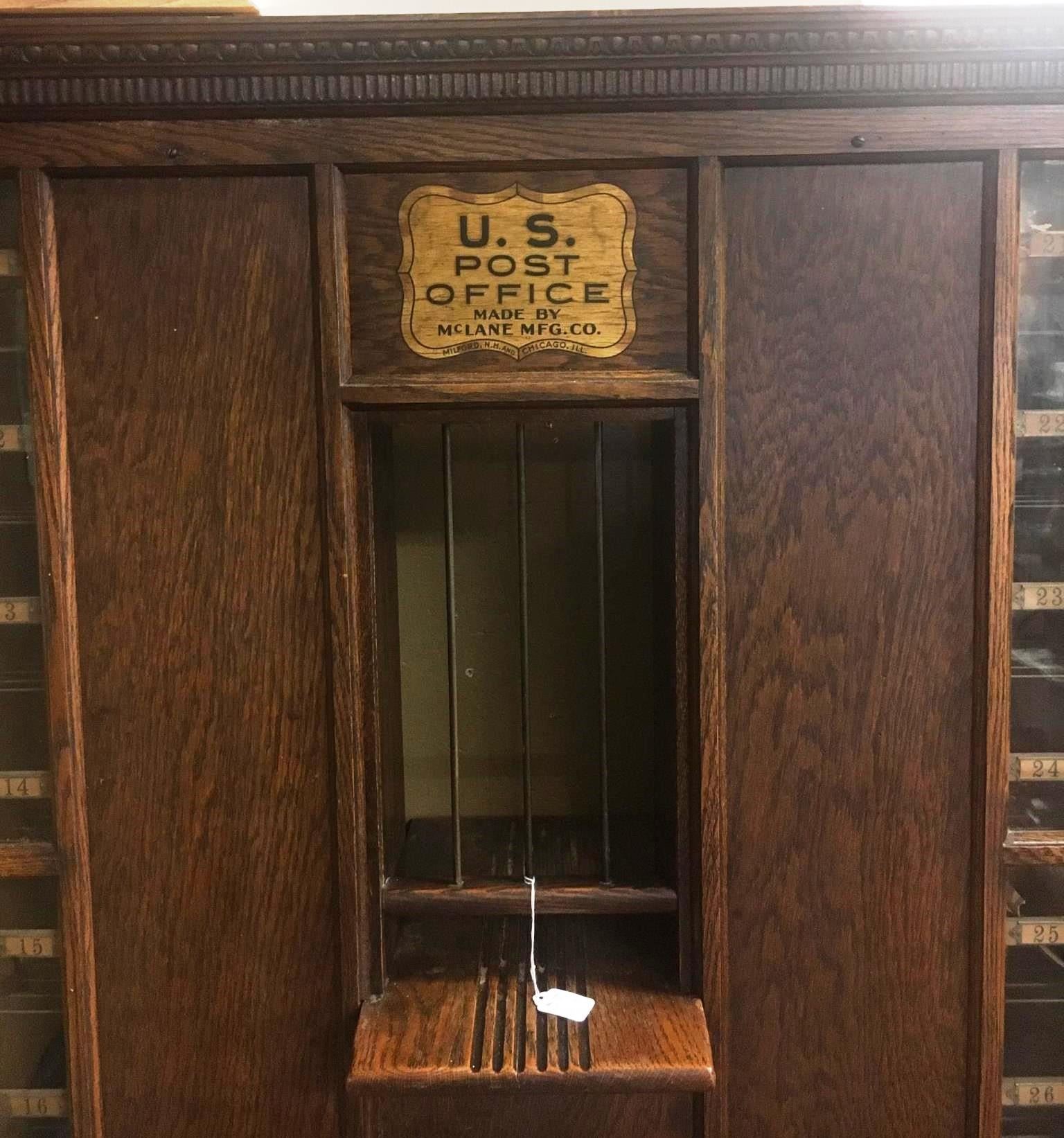 Collins, MT oak post office 2 clerk windows, 70 + mail boxes