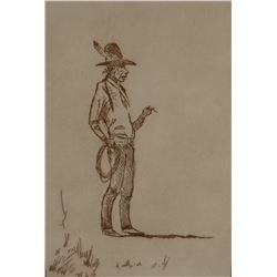 Powell, Ace, framed etching, Indian cowboy w/lasso, 61/100, 5”x 7”