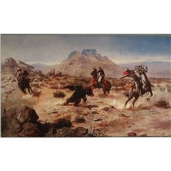 Russell, Charles  M., “Capturing the Grizzly”,  wrapped canvas print,  32”x 19”, 1901