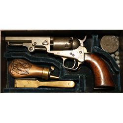 Colt 1849 Pocket Pistol, .31 cal, cased, powder flask, bullet mold, engraved stagecoach scene on cyl