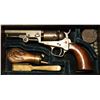 Colt 1849 Pocket Pistol, .31 cal, cased, powder flask, bullet mold, engraved stagecoach scene on cyl