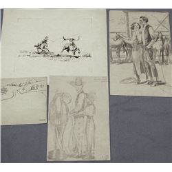 James, Will, 3 small drawings and 1 etching, all 6" x 8"