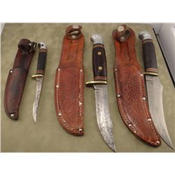 3 Western hunting knives, 3", 4" &  5" and Western hatchet w/sheaths