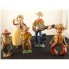5 toy cowboys, wood and cast iron, 3" - 5"