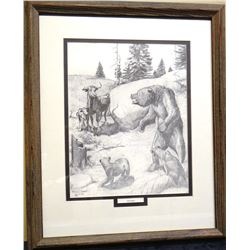 James, Will framed print,  Mothers , 12  x 16 , Mother bear and cubs and Longhorn cow and calf