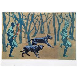 Allison Berry, Actaeon pursued by Dogs from the Women's Portfolio, Woodcut on thin wove paper