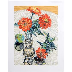 Janet Fish, Apples and Zinnias, Woodcut on Japon paper