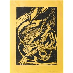 Roberto Juarez, Boy with Bird (black), Woodcut on Yellow Wove Paper