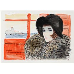 Charles Levier, Portrait of Woman in Black Hat, Watercolor on Paper