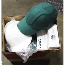 BOX OF BUMPER HATS, HARD HATS AND SAFETY GLASSES