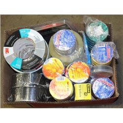 BOX OF ASSORTED INSULATING TAPE, DUCT TAPE, AND