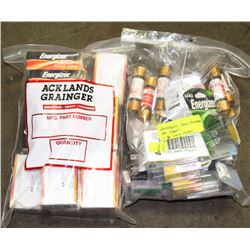 2 BAGS OF ASSORTED BATTERIES, FUSES AND MORE