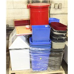 PALLET OF ASSORTED METAL AND PLASTIC GARBAGE CANS