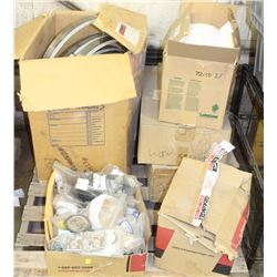 PALLET OF ASSORTED HARDWARE, BANDSAW BLADES AND