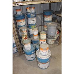 16 PAILS AND 11 CANS OF ASSORTED DEVOE PAINTS AND