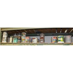 SHELF OF ASSORTED PRIMER, ENAMEL PAINTS AND MORE