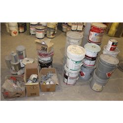 LOT OF ASSORTED PAINTS WIRE AND HARDWARE