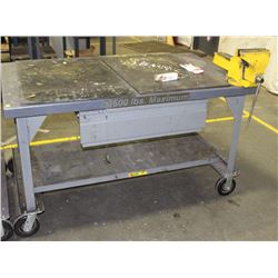METAL WORK TABLE WITH VISE ON CASTORS