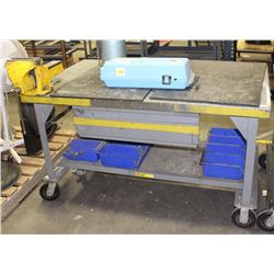 METAL WORK TABLE WITH VISE ON CASTORS