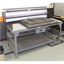 METAL WORK TABLE WITH 2 OVERHEAD SHELVES AND