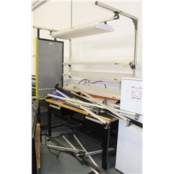 METAL WORK TABLE WITH WOOD TOP, 2 DRAWERS AND