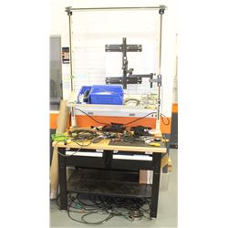 METAL WORK TABLE WITH WOOD TOP, OVERHEAD SHELF