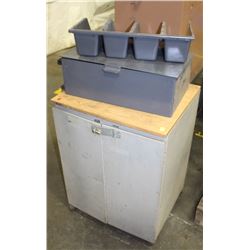 WOOD TOP METAL ROLLING CABINET WITH METAL BIN