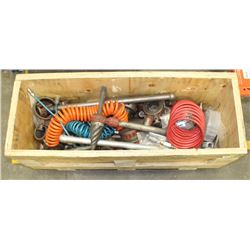 CRATE WITH ASSORTED AIR HOSES, HARDWARE AND TOOLS