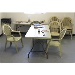 2 PLASTIC FOLDING TABLES AND 10 PLASTIC CHAIRS