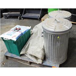 PALLET WITH 2 METAL GARBAGE CAN, LARGE CANVAS TARP
