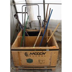 WOOD CRATE WITH ASSORTED SHOVELS AND BROOMS