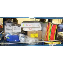 SHELF LOT OF COLORED JOB TICKET COVERS, RULERS,