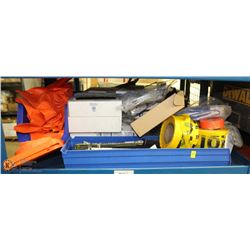 SHELF LOT OF CAUTION TAPE, PROTECTIVE COVERALLS,