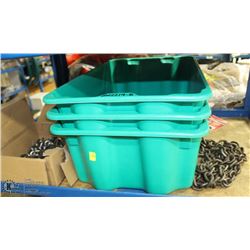 LOT WITH 3 PLASTIC BINS 15"X24", AND 2 CHAINS
