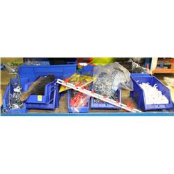 SHELF LOT: OF 8 BLUE BINS WITH ASSORTED PEGBOARD
