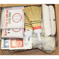 FLAT OF ASST MOP HEADS, BRUSHES & WARNING SIGNS