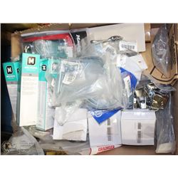 BOX OF ASSORTED HARDWARE, HANGERS, DOOR HINGES