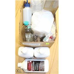 BOX OF ASSORTED EMPTY PLASTIC & GLASS CONTAINERS &
