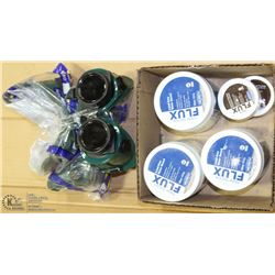 BOX W/ 4 JARS OF FLUX & 3 SETS OF WELDING GOGGLES