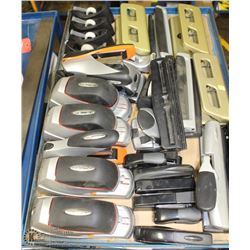 SHELF OF ASSORTED STAPLERS, ELECTRIC STAPLERS,