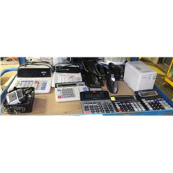 SHELF OF CALCULATORS, STAPLERS, AND MORE